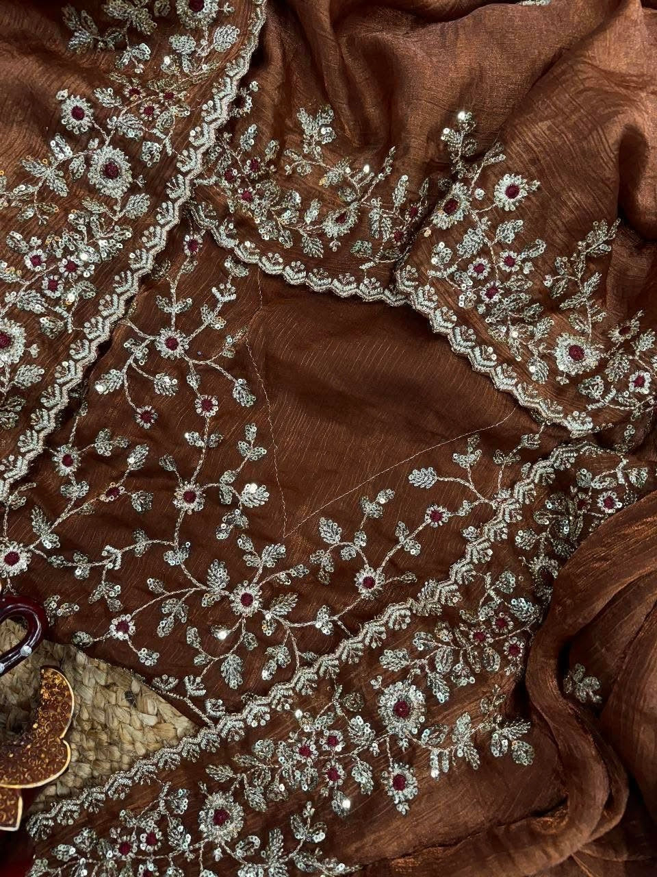 Premium Soft Fendy Chiffon Silk Saree with Embroidery Sequins Work and Thread Work