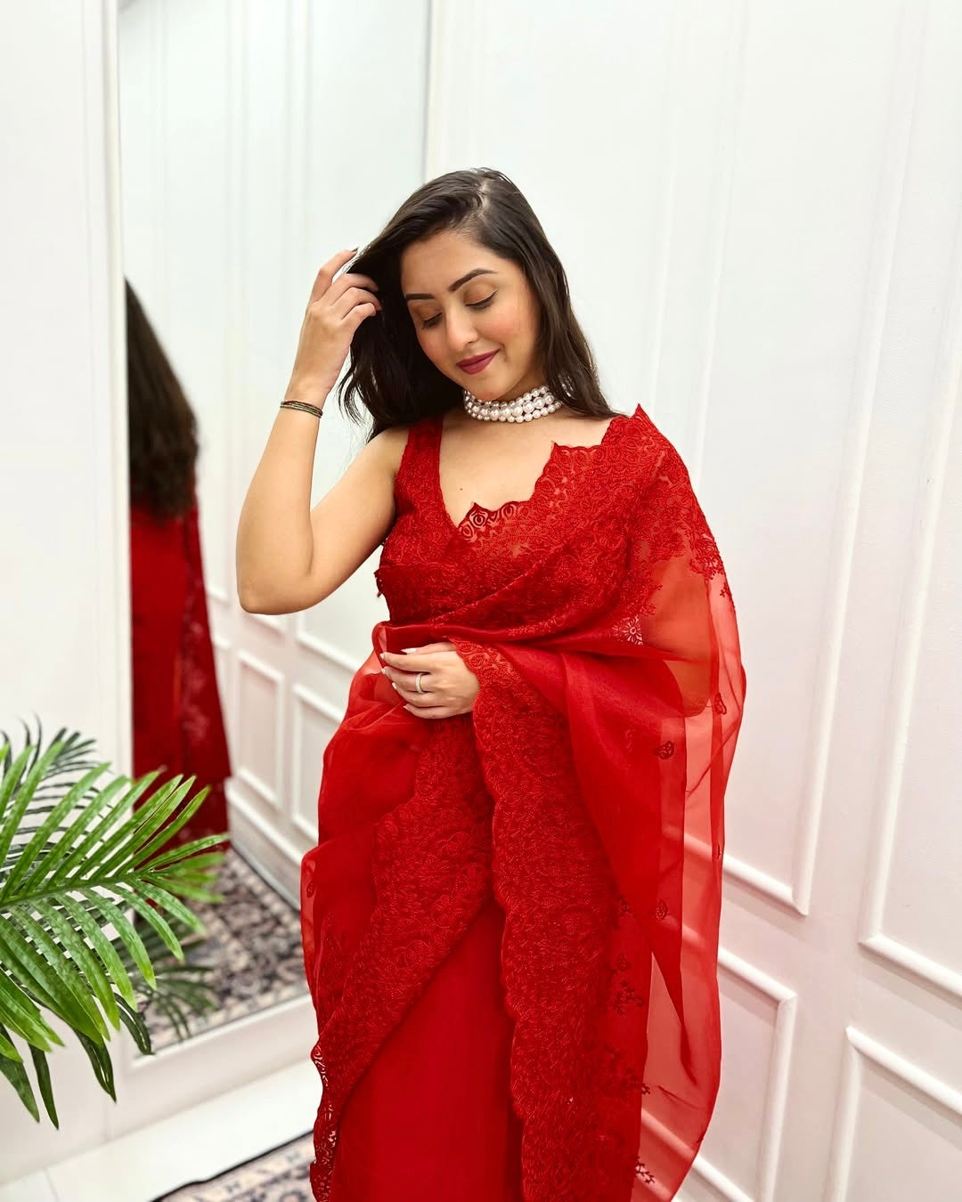 Vermillion Red Color Organza Saree embellished with dori, Hand embroidery and cut-work