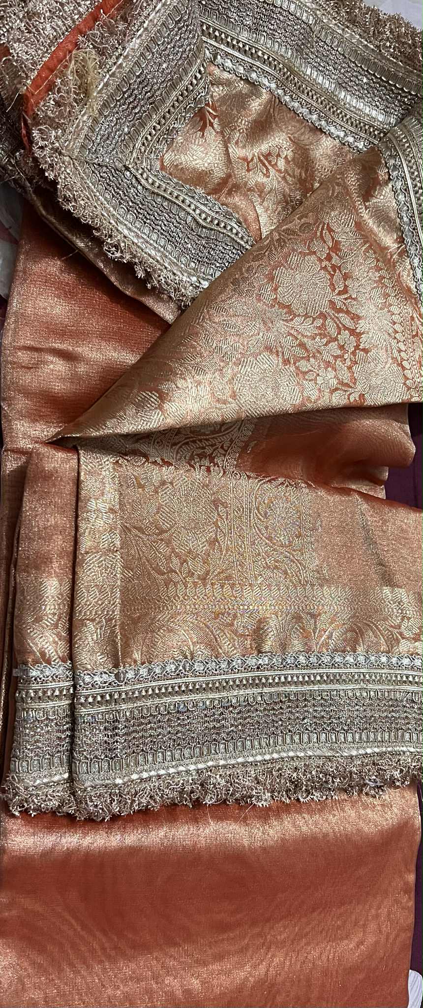 Tissue Silk Saree Orange and Golden Hues with Heavy Lace and Weaving Border and Heavy Weaving Pallu