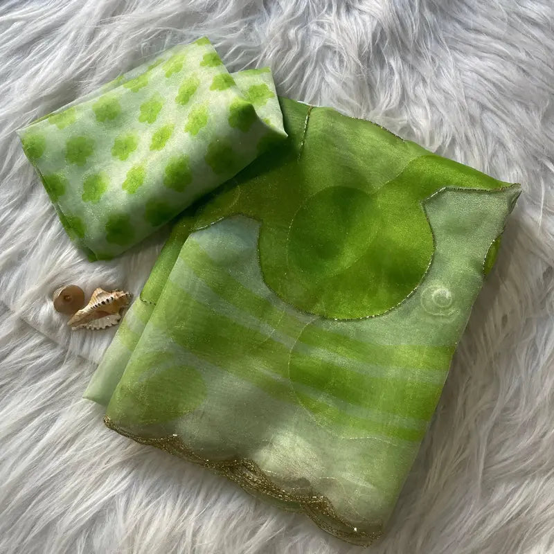 Fresh Lime Green Elegant Organza hand work Khatli and Pearl Work saree with digital print blouse piece