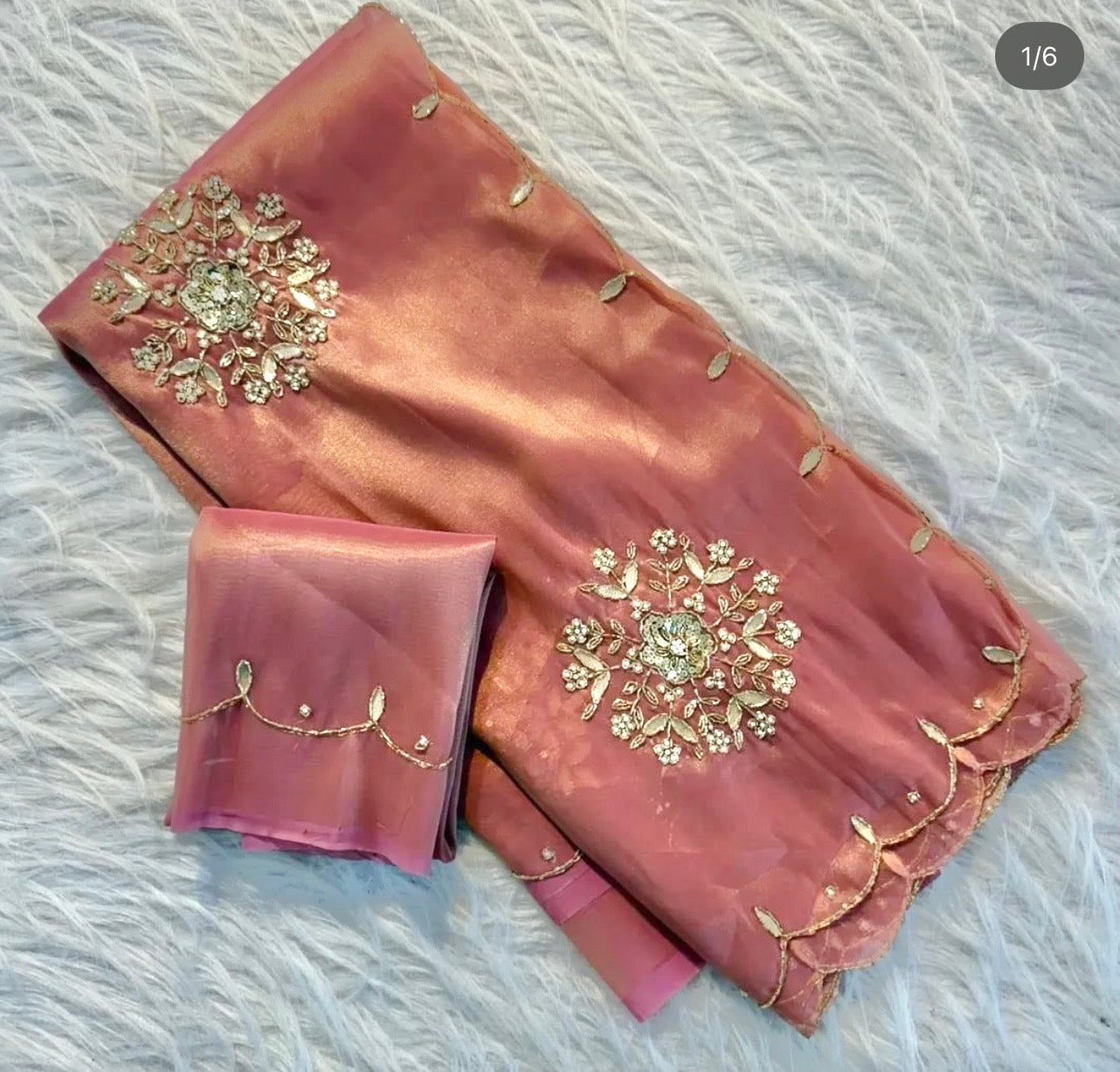 Soft Blush Pink and Faded Gold Dual Toned Tissue Silk Saree