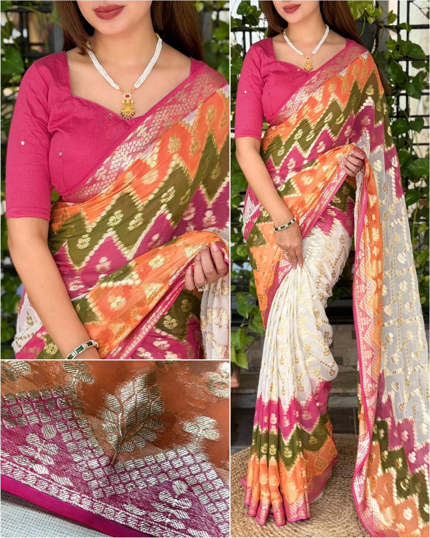 Multicoloured Geometric Ikkat Patterned Georgette Saree