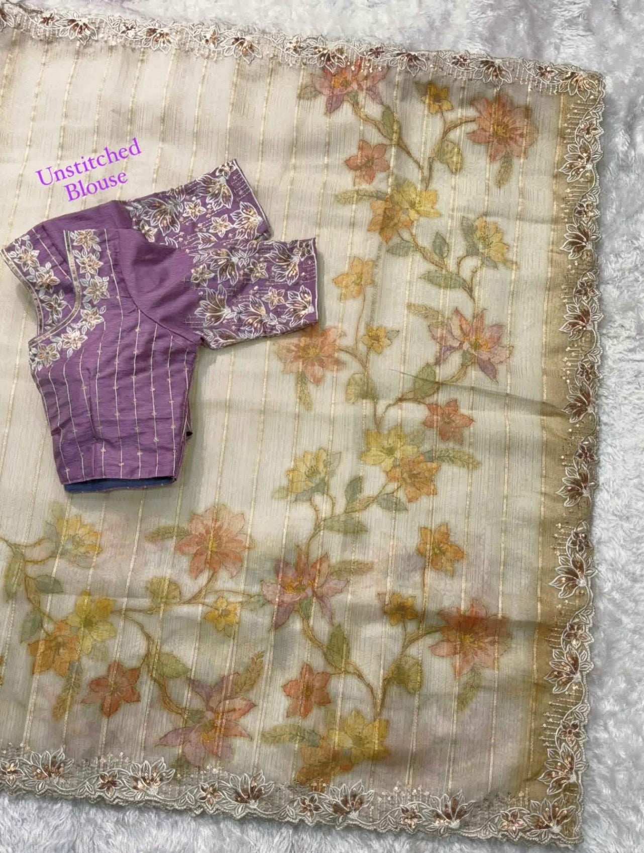 BEIGE Color Glass Organza Saree, adorned with intricate sequins & thread embroidery