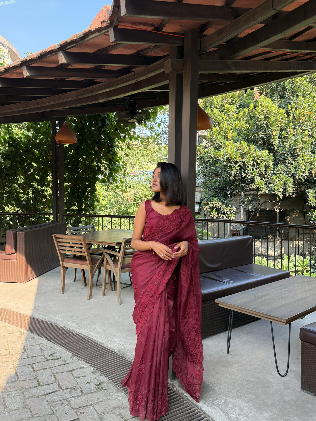 Premium Dark Maroon Kota Embroidery Saree with Unstitched Blouse Piece