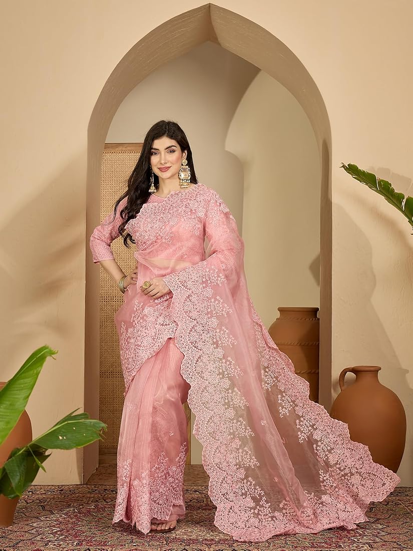 PASTEL PINK Color Organza Silk Saree