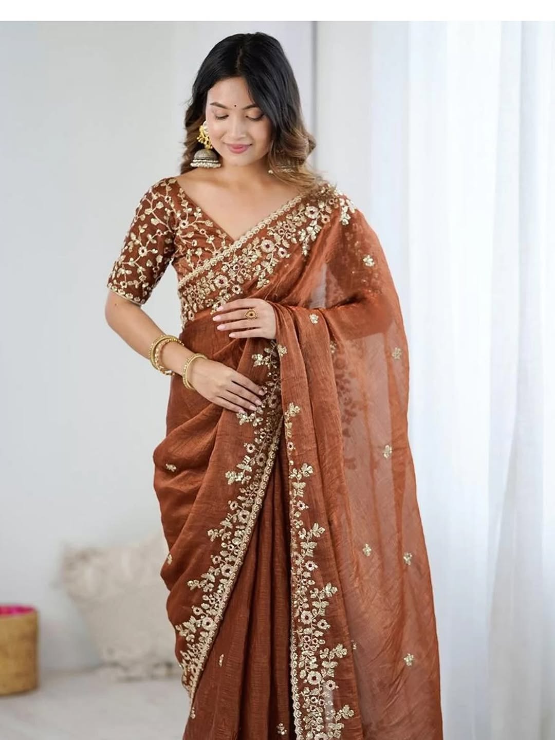 Premium Soft Fendy Chiffon Silk Saree with Embroidery Sequins Work and Thread Work