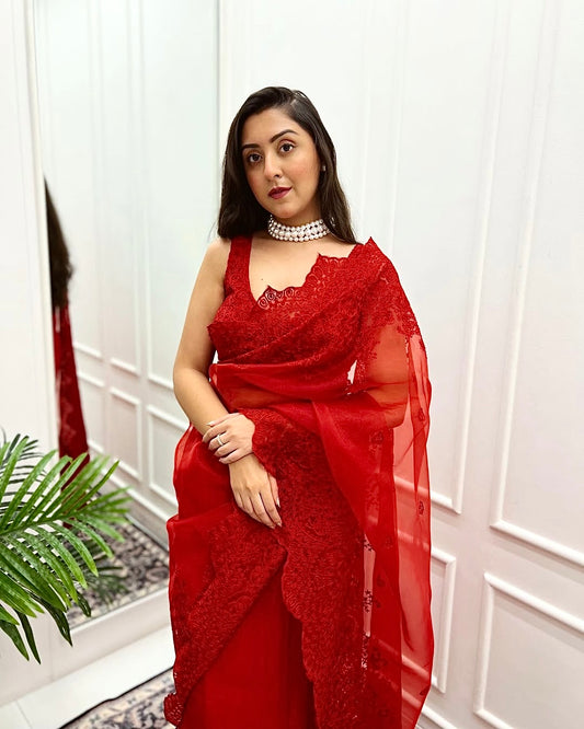 Vermillion Red Color Organza Saree embellished with dori, Hand embroidery and cut-work