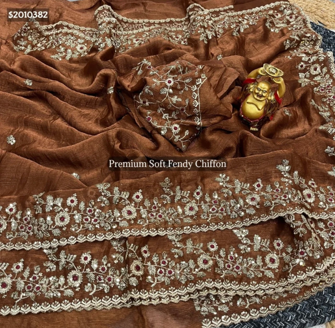 Premium Soft Fendy Chiffon Silk with Embroidery Sequins Work and Thread Work