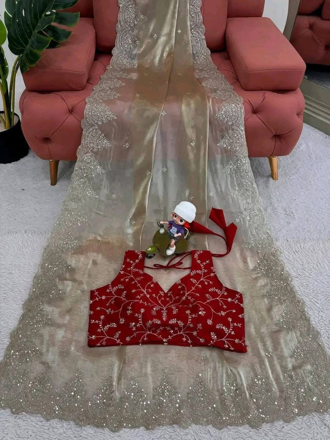 Beige Color Jimi Choo Organza Sequins Embriodery saree with Vermilion Red Color Jari Embroidery blouse piece