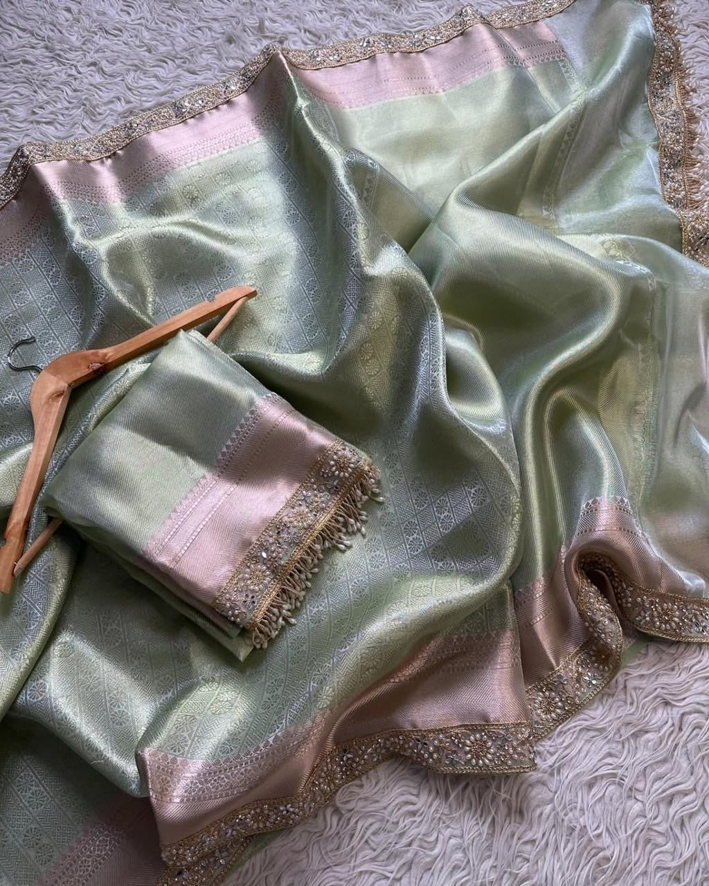 Beautiful Soft Banarasi Tissue Silk Silver Zari Weaving Saree with Designer Lace Border