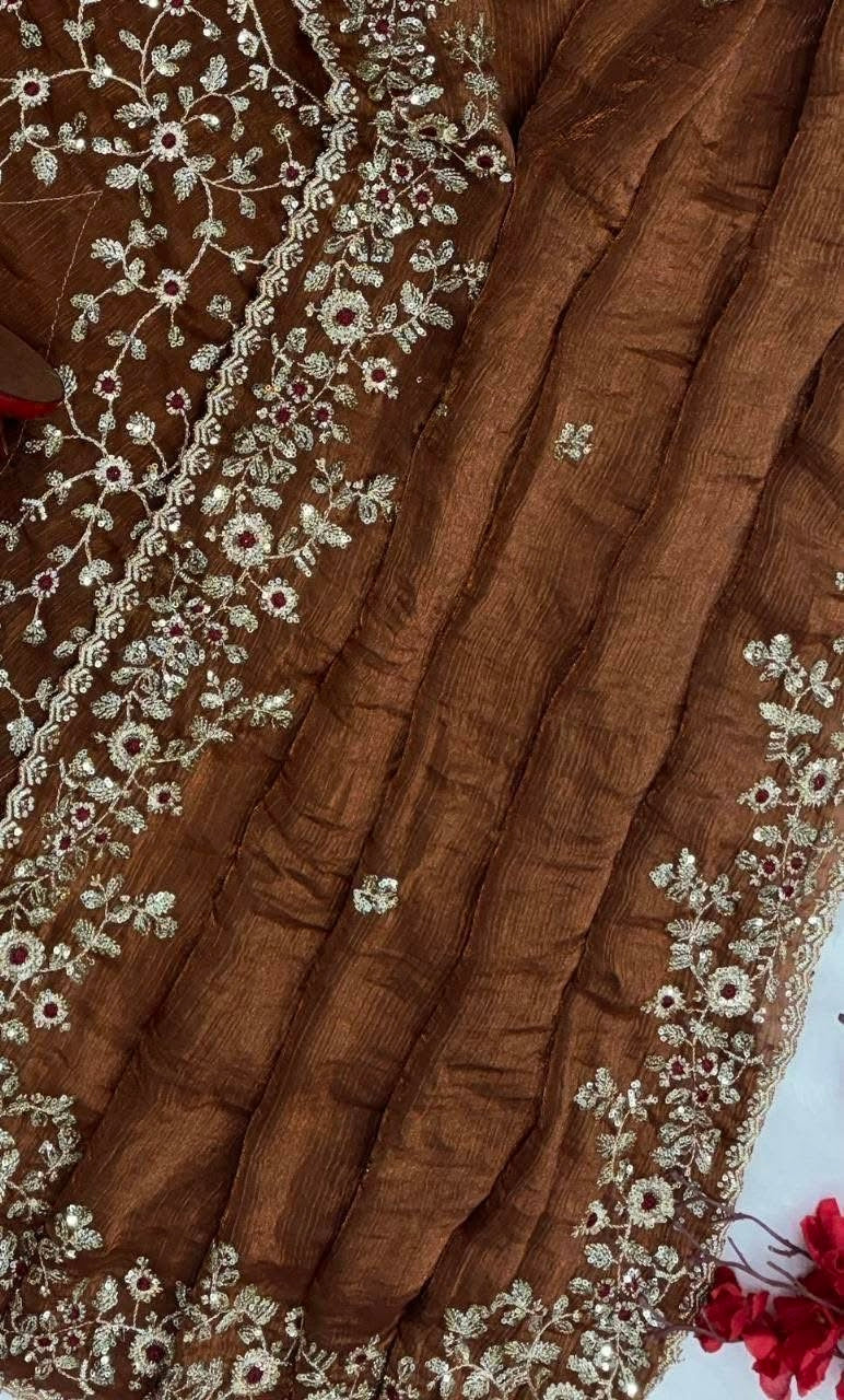 Premium Soft Fendy Chiffon Silk Saree with Embroidery Sequins Work and Thread Work