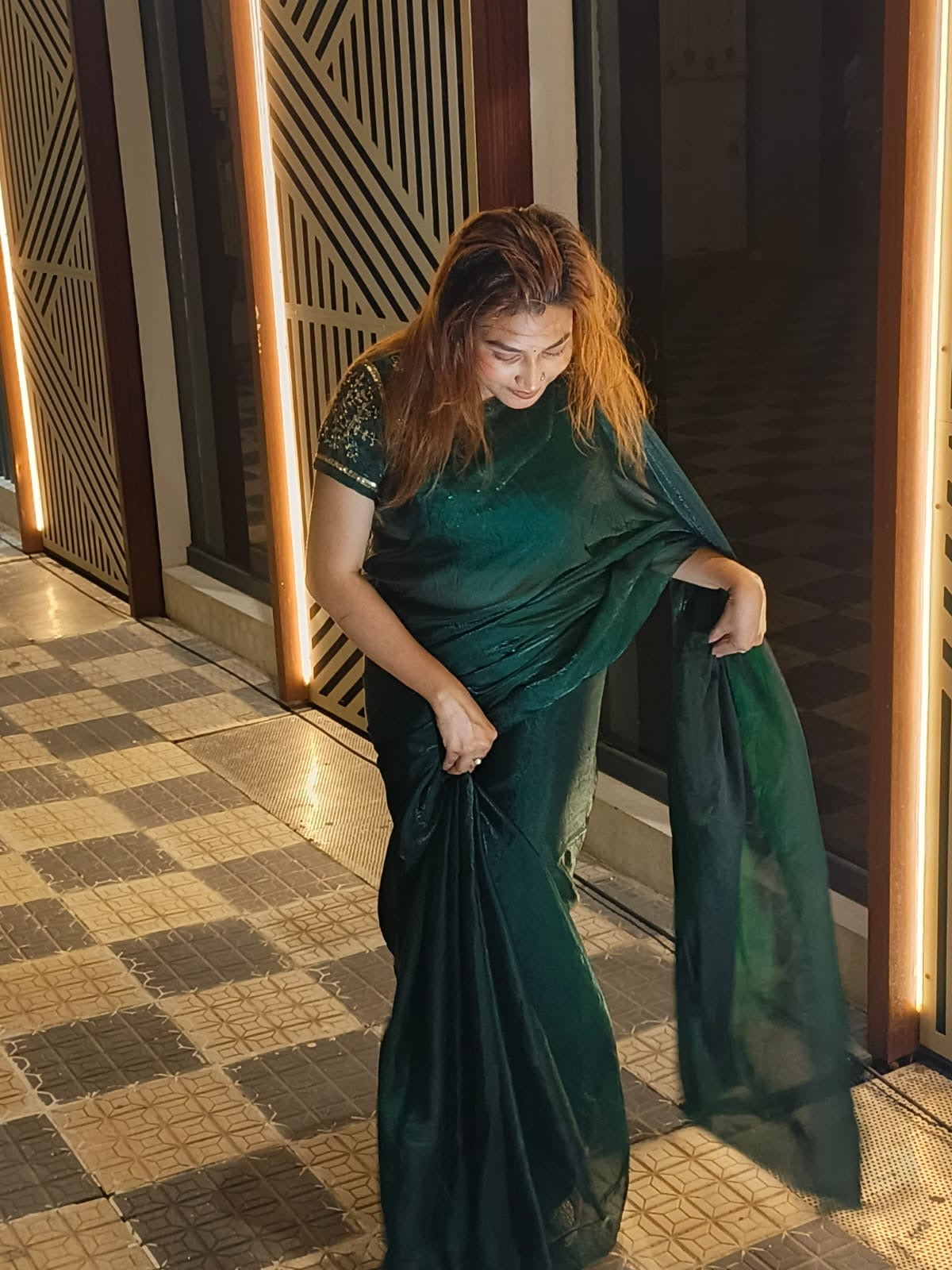 EMERALD GREEN Stardust Satin Saree