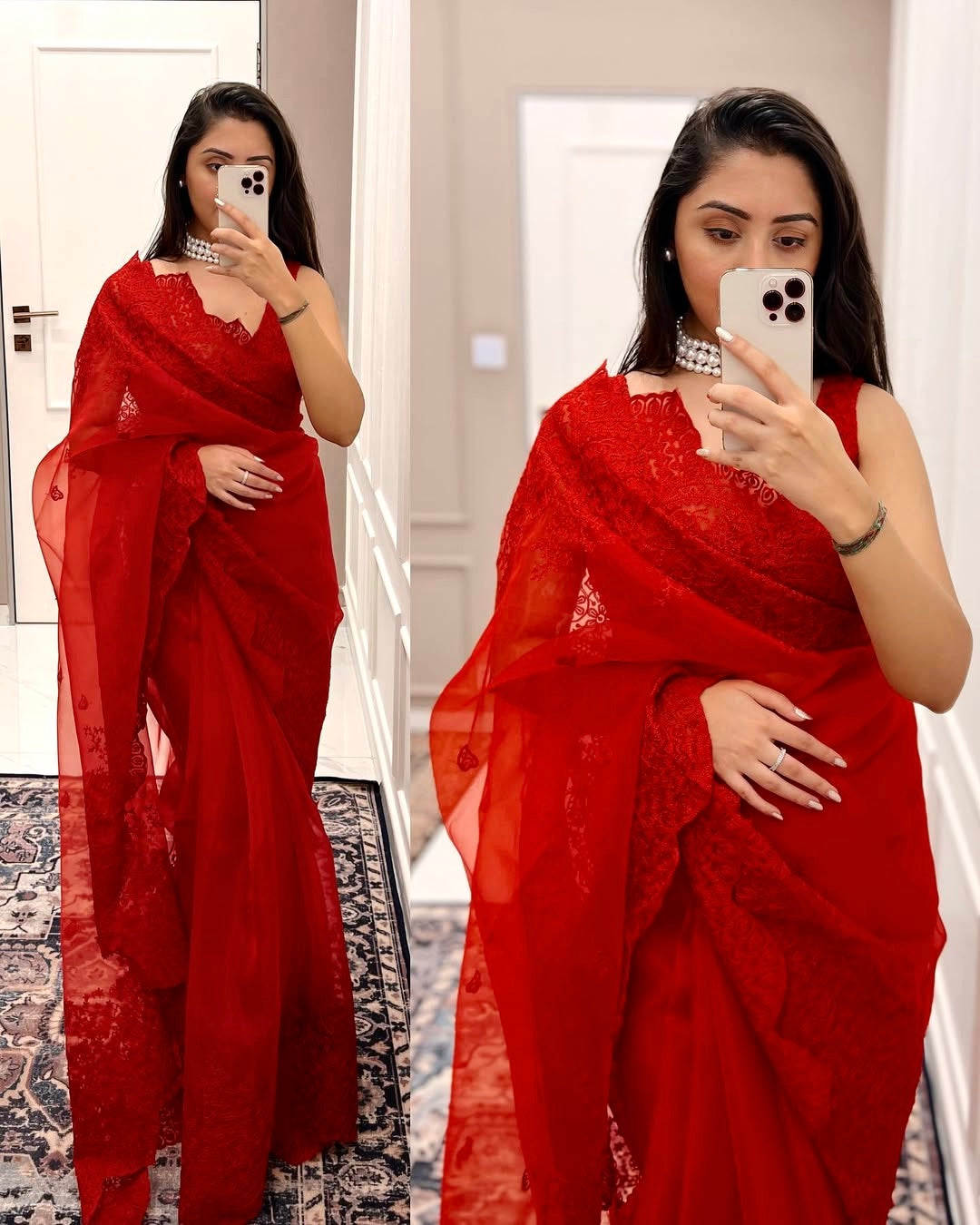 Vermillion Red Color Organza Saree embellished with dori, Hand embroidery and cut-work