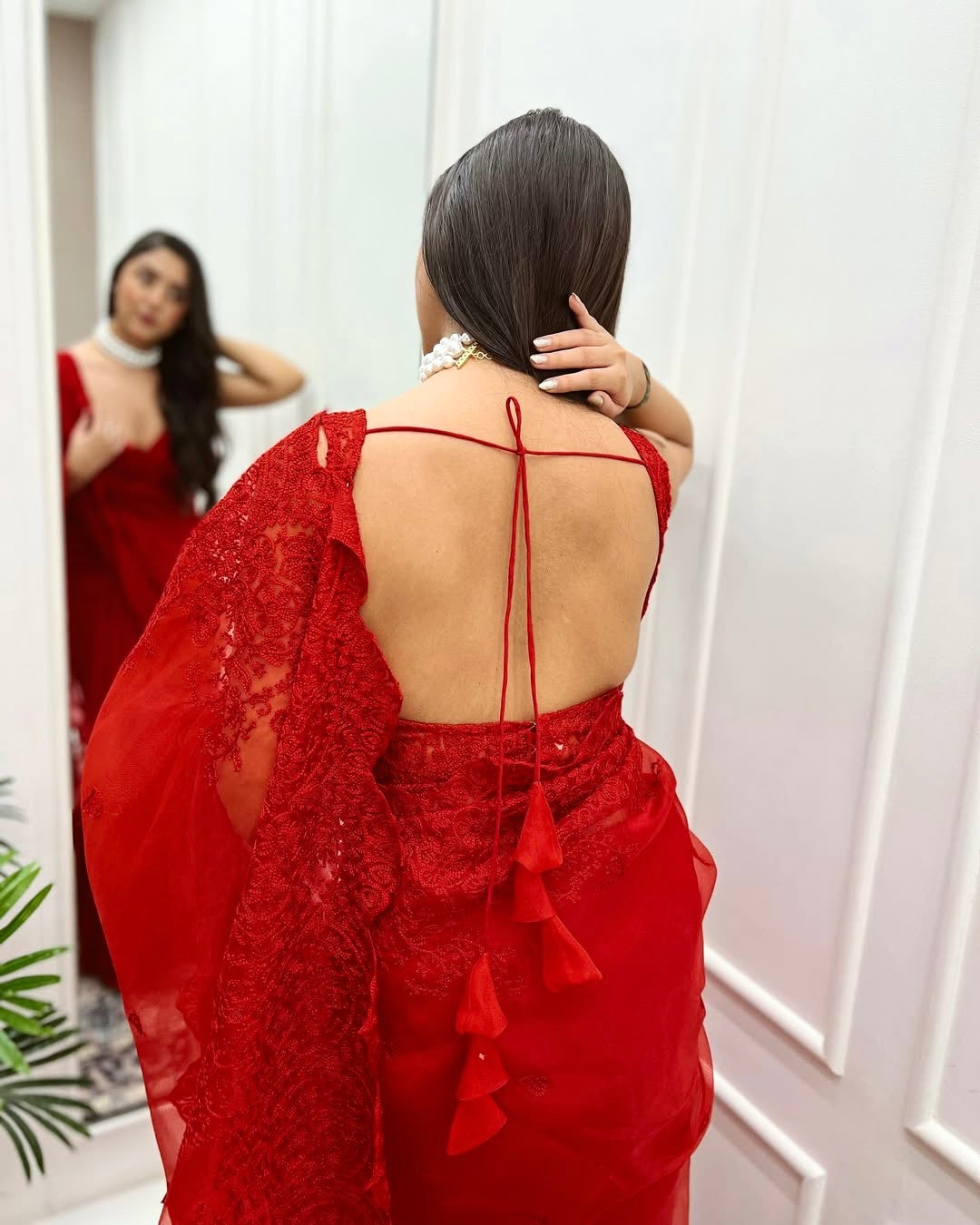 Vermillion Red Color Organza Saree embellished with dori, Hand embroidery and cut-work