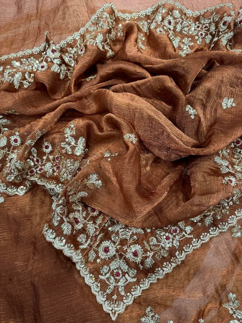 Premium Soft Fendy Chiffon Silk Saree with Embroidery Sequins Work and Thread Work