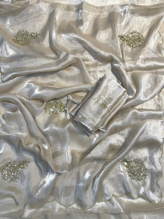 BEIGE Color Satin Jimmy Choo Saree