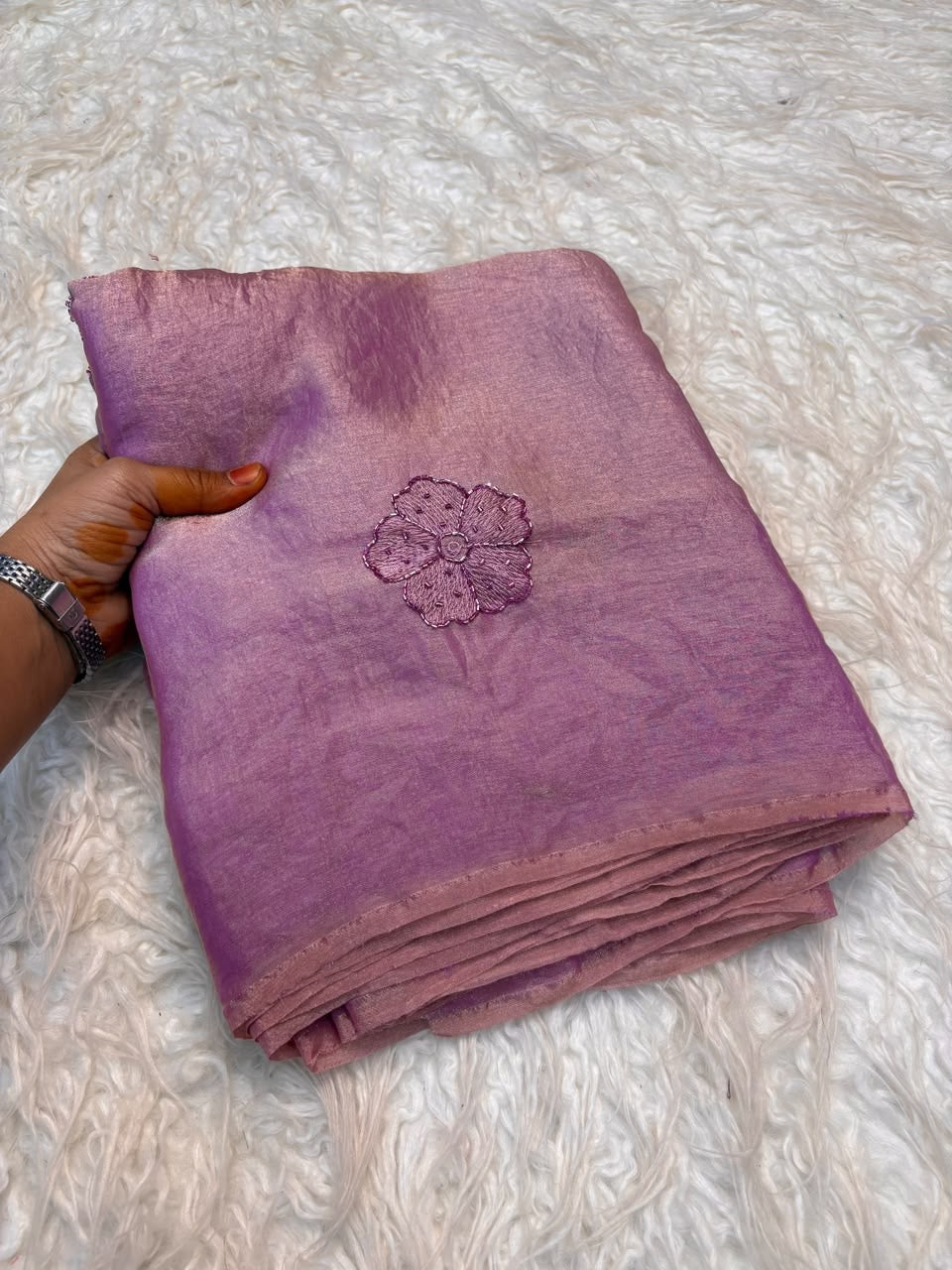 Onion Pink Premium Fendi Silk Saree with Beadwork & Viscose Thread Embroidery