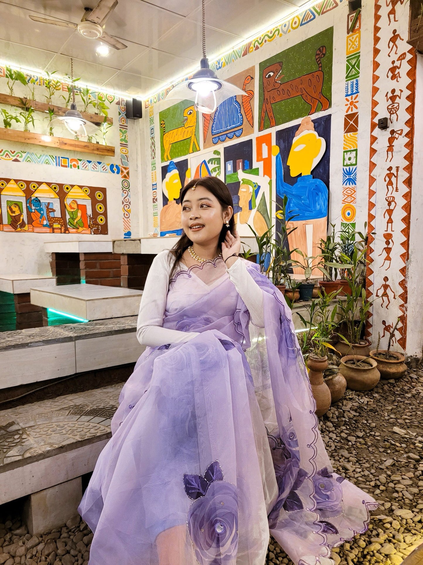 Lavender Organza Saree Aacro work Border and Khatli Work