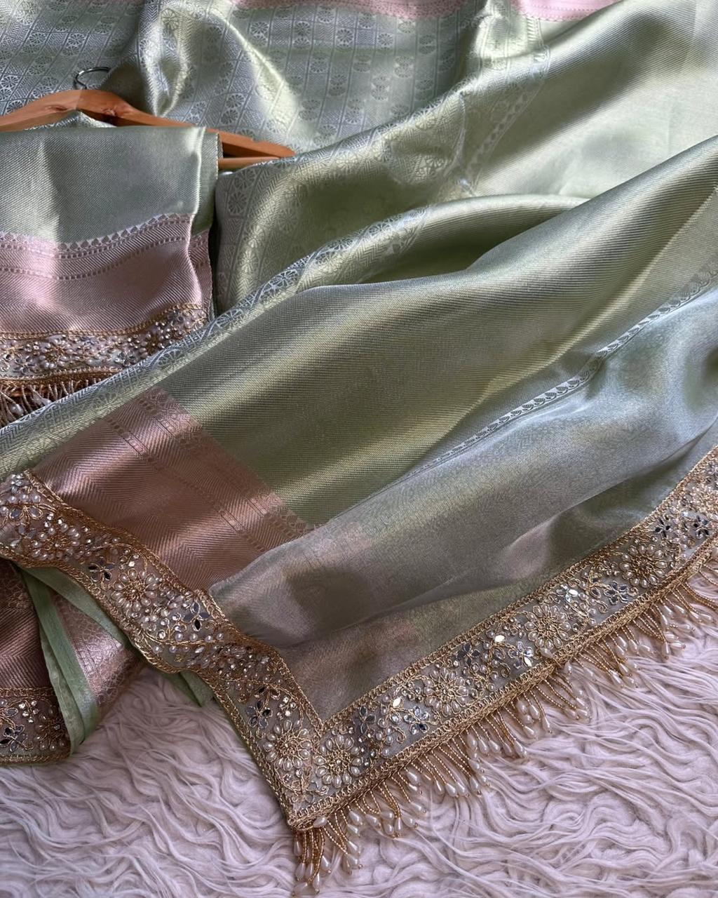 Beautiful Soft Banarasi Tissue Silk Silver Zari Weaving Saree with Designer Lace Border