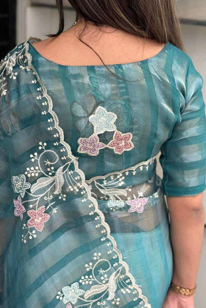 Pure Tissue Saree Thread Embroidery work, Pearl stone work in full saree with Silver and Gold zari weaving stripes