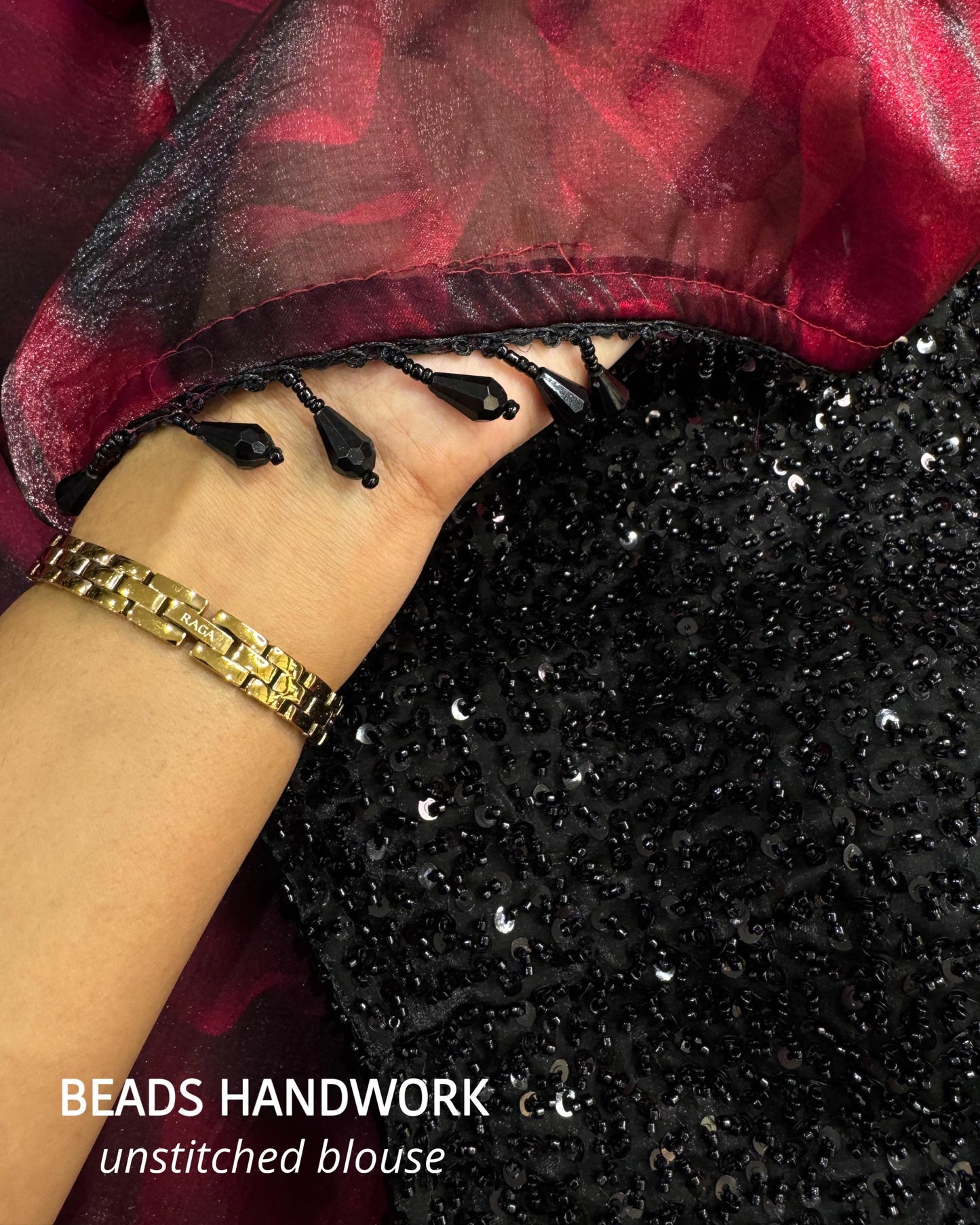 Fandy Satin floral pattern Saree with heavy bead-work blouse