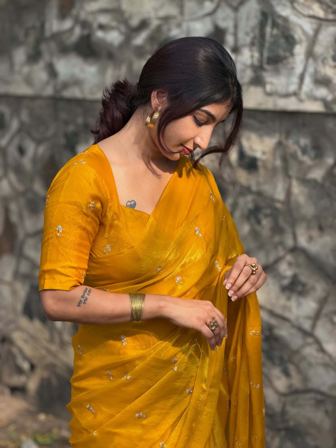 MUSTARD YELLOW Color Stardust Satin Saree
