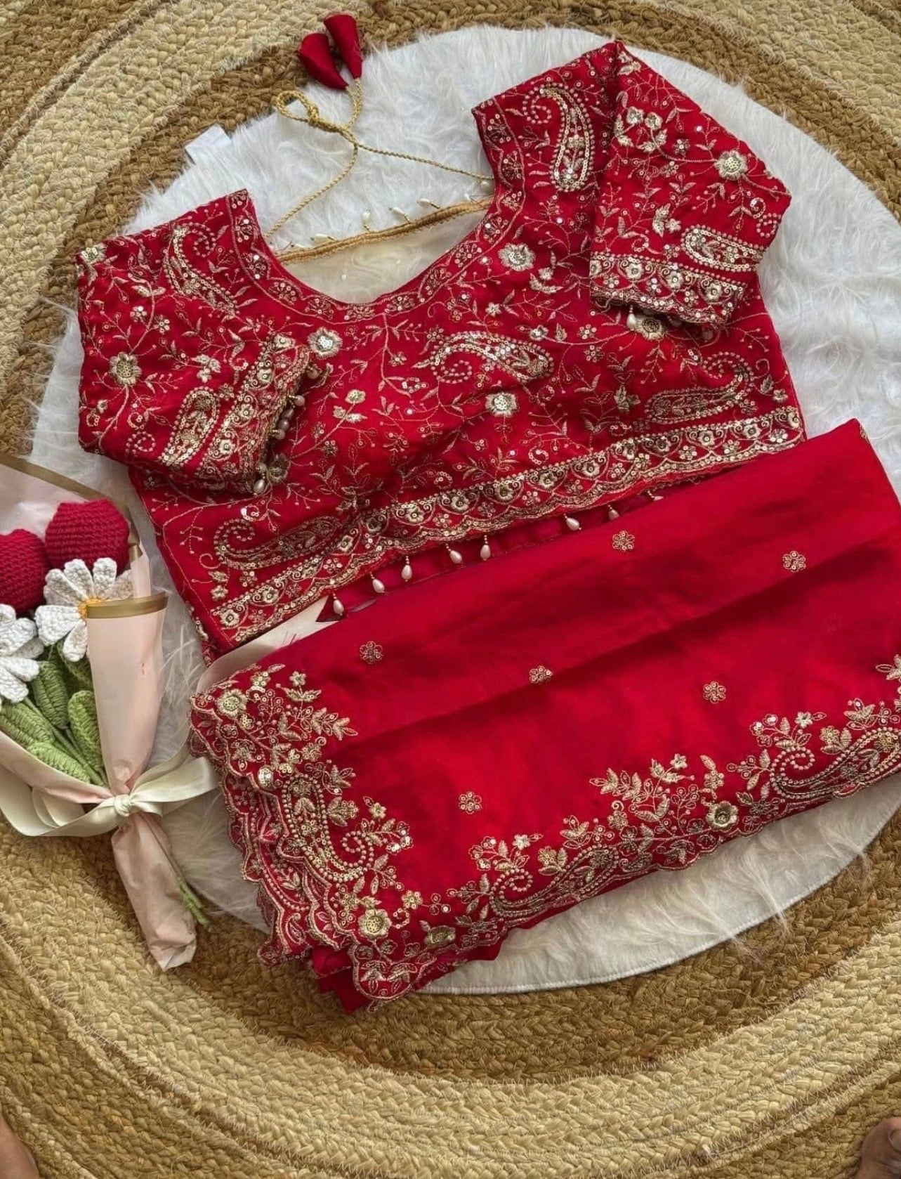 VERMILLION RED Space Silk Saree with Heavy Embroidery Border and STITCHED BLOUSE