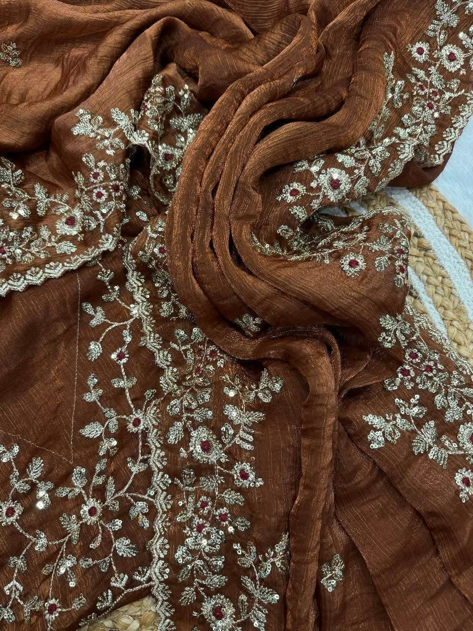 Premium Soft Fendy Chiffon Silk Saree with Embroidery Sequins Work and Thread Work