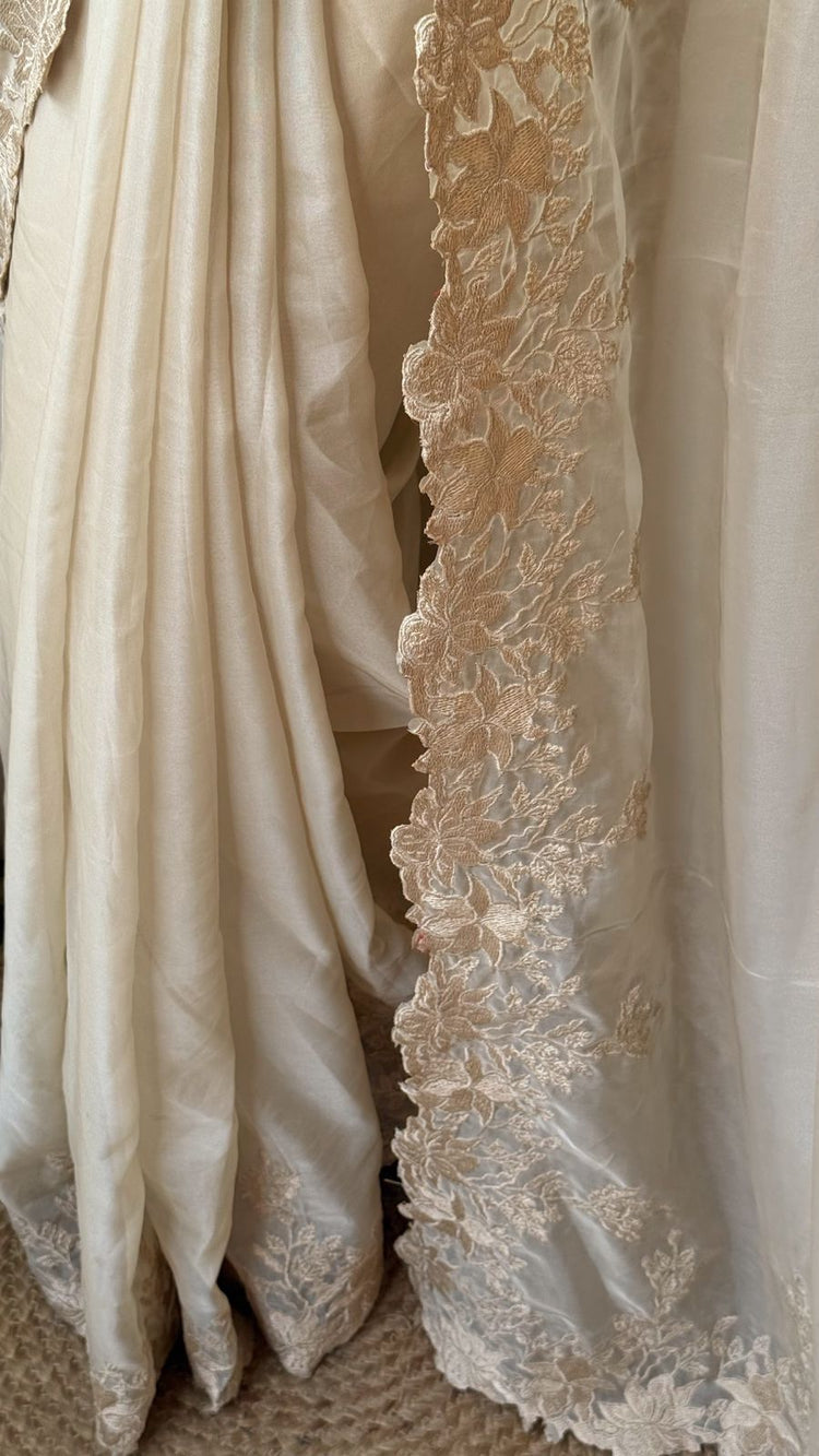 BEIGE Color Tabby organza Saree featuring intricate embroidery work