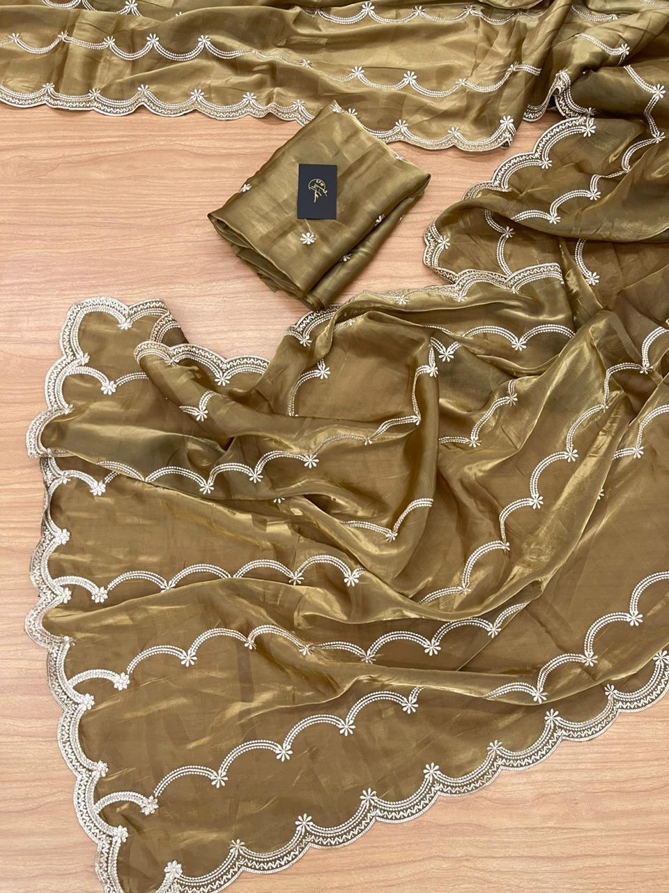 Jimy Chu Organza Saree with Aacro Border Embroidery work