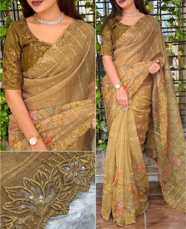 MUTED ANTIQUE GOLD Color Glass Organza Saree, adorned with intricate sequins & thread embroidery