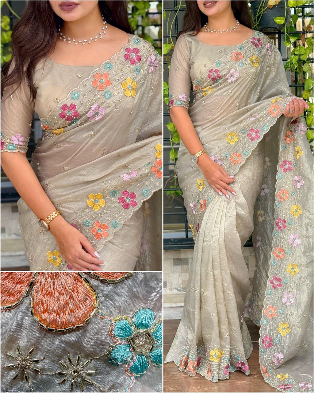 Soft Crushed Sufi Silk Saree DUSTY BEIGE COLOR adorned with exquisite beads embroidery that speaks elegance in every thread Perfect for any celebration