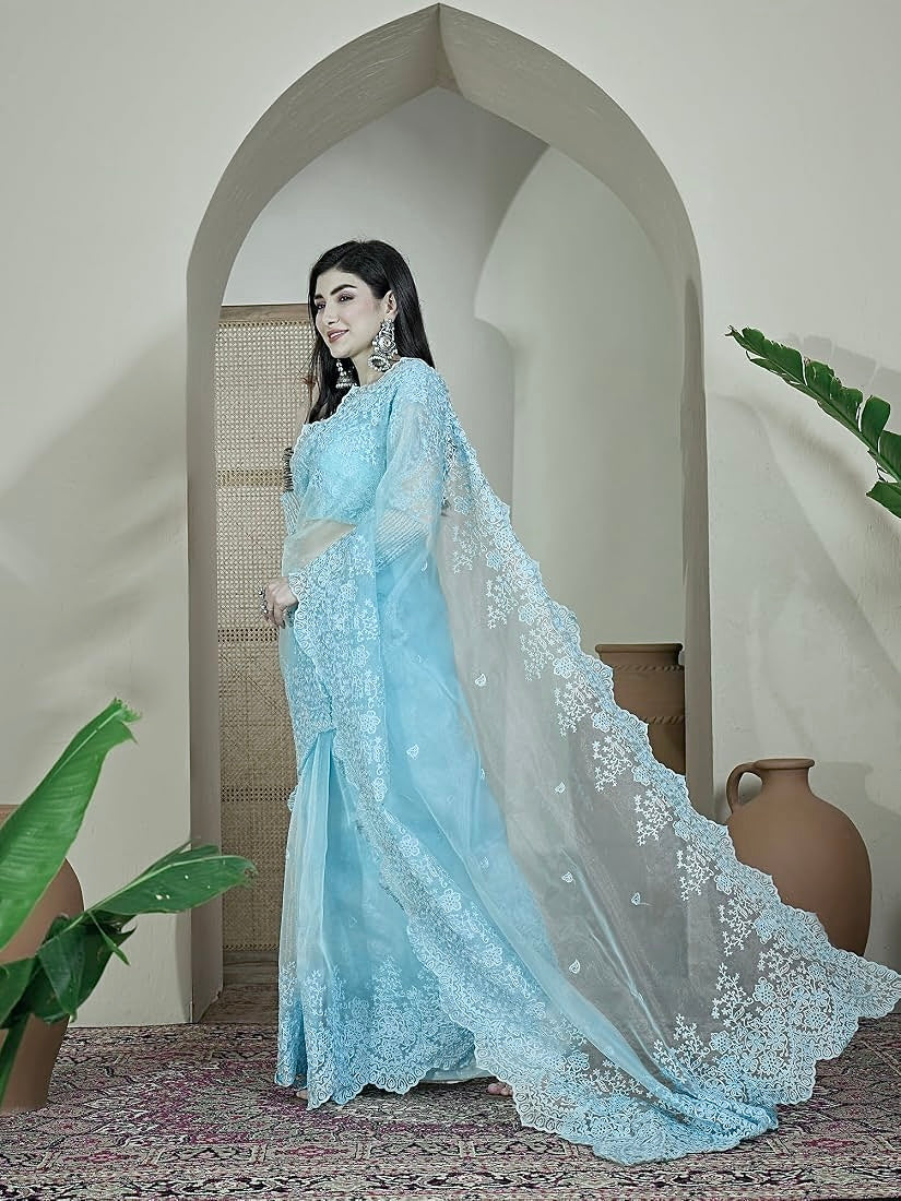 COLUMBIA BLUE Color Organza Silk Saree