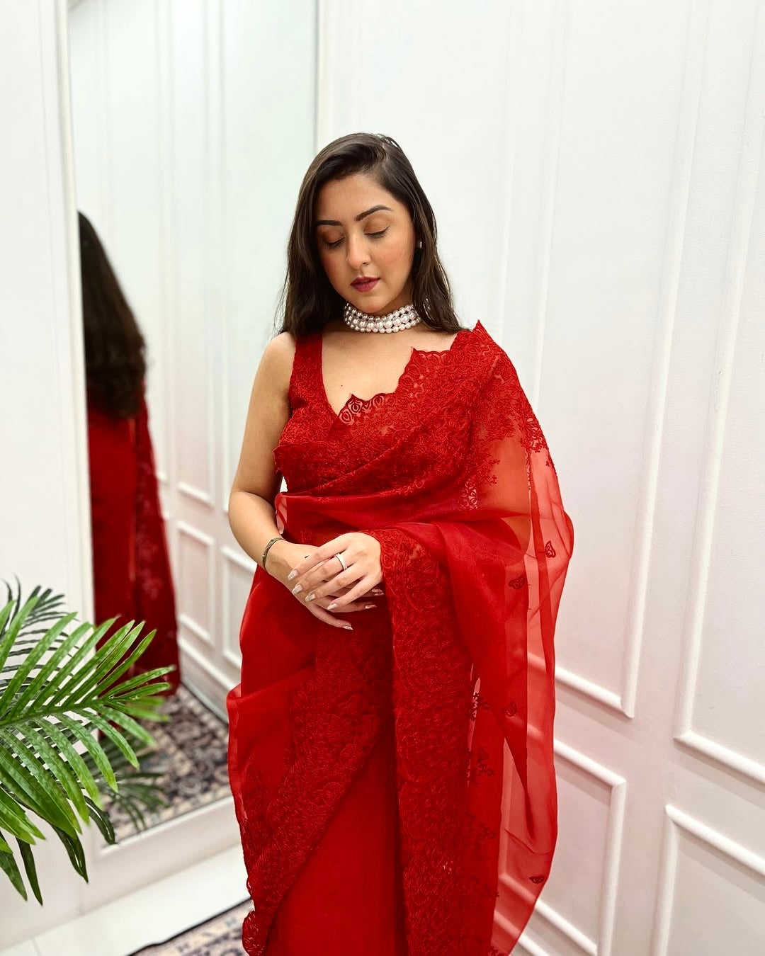 Vermillion Red Color Organza Saree embellished with dori, Hand embroidery and cut-work