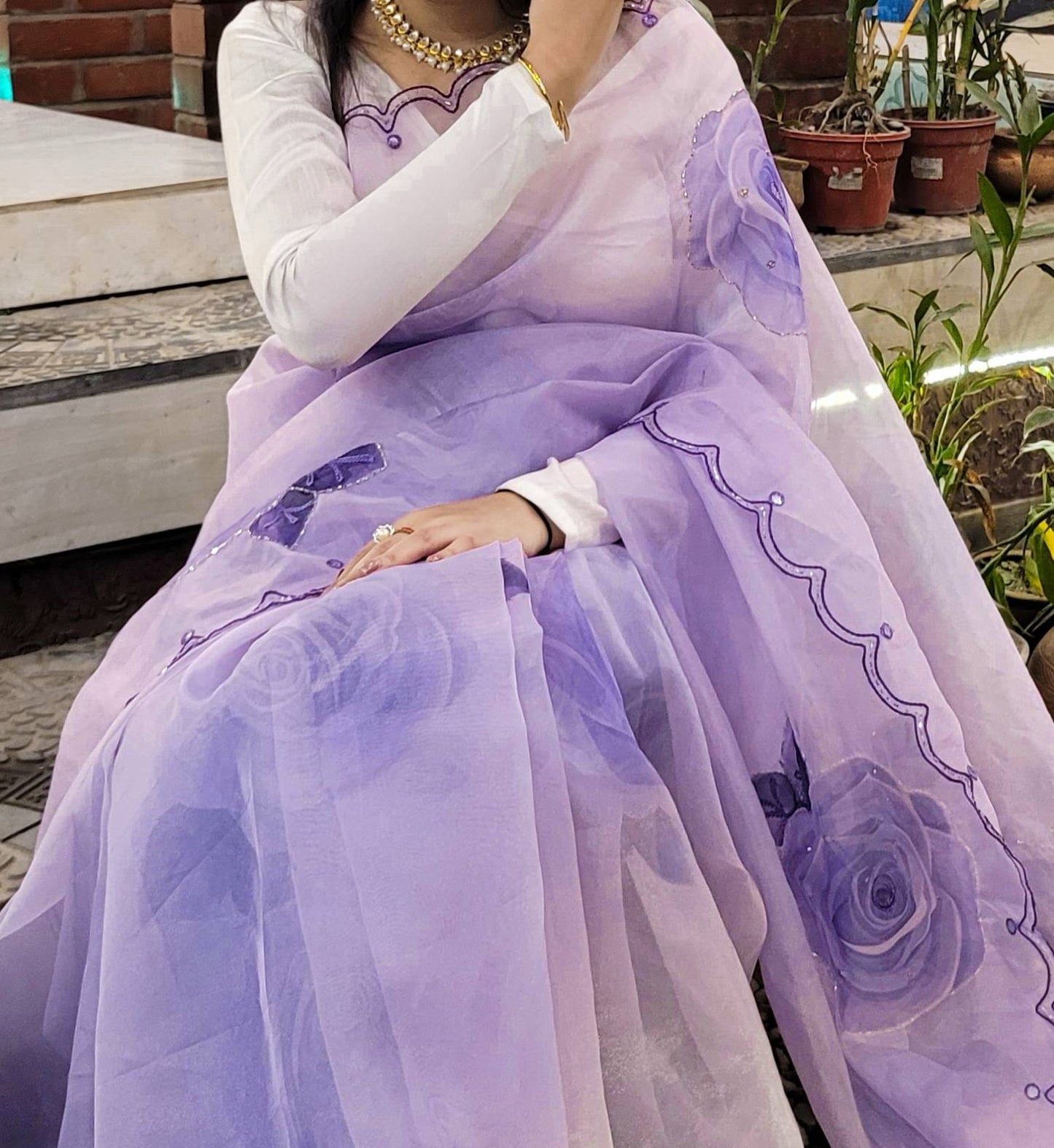 Lavender Organza Saree Aacro work Border and Khatli Work