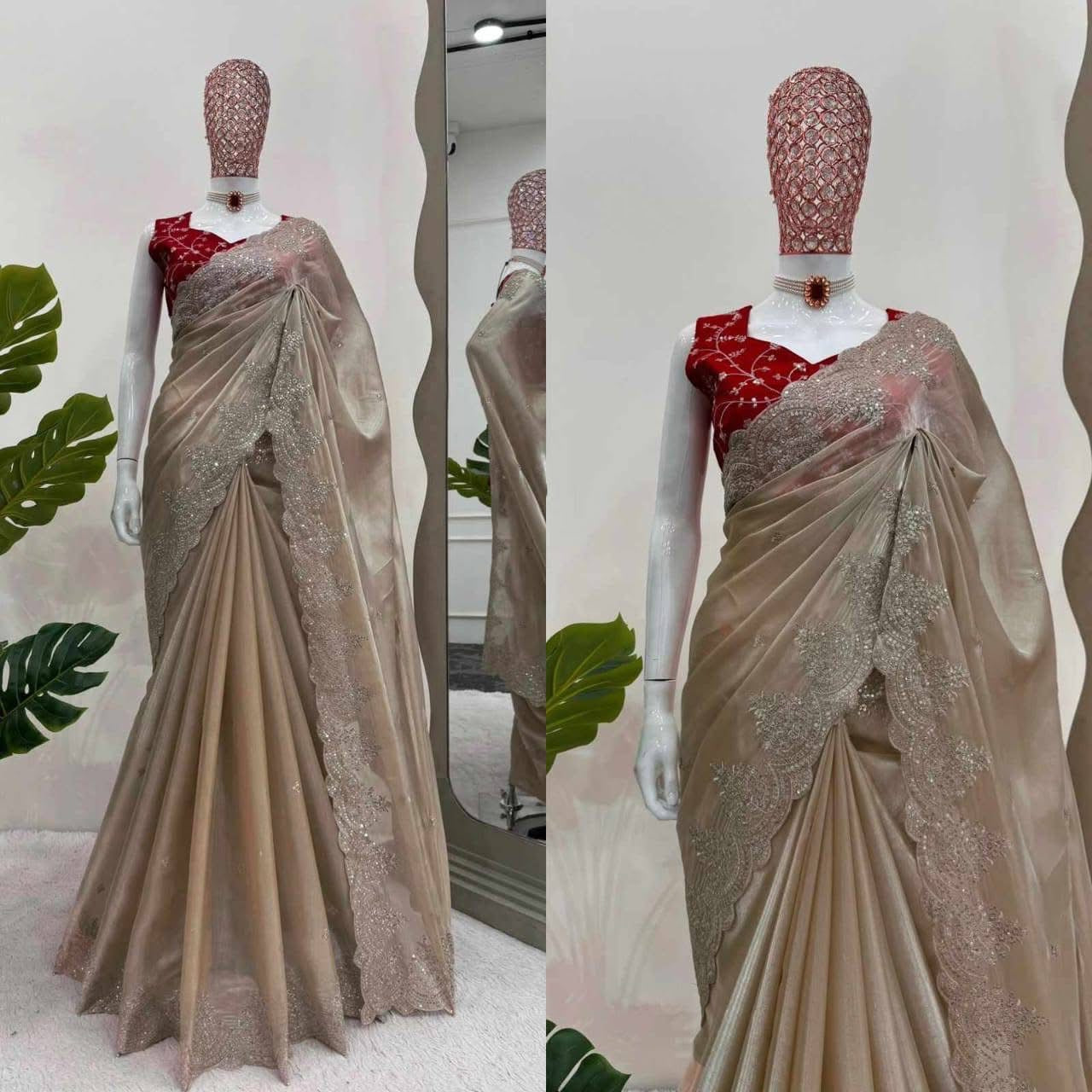 Beige Color Jimi Choo Organza Sequins Embriodery saree with Vermilion Red Color Jari Embroidery blouse piece