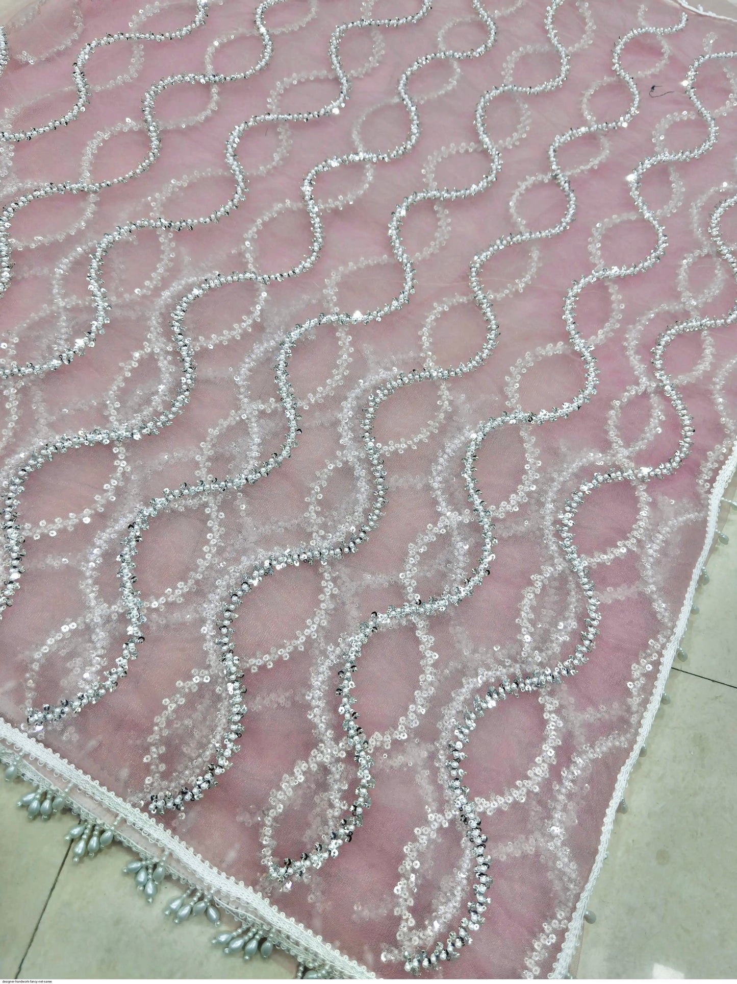 PASTEL PINK Color Net Saree with Designer work