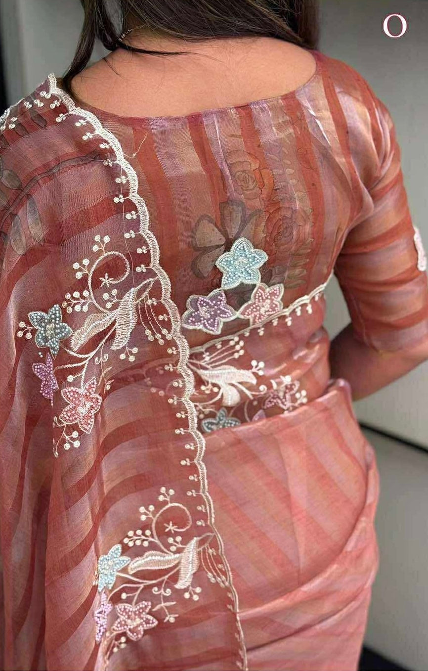 Muted Brown and Mauve Shaded Pure Tissue Saree with Thread Embroidery work, Pearl stone work in full saree with Silver and Gold zari weaving stripes