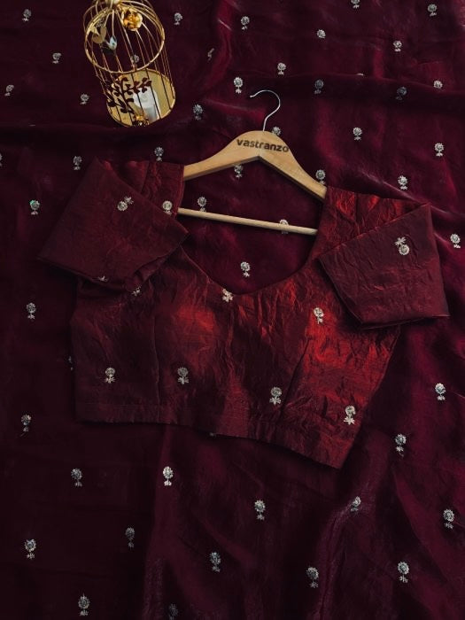 DEEP MAROON Color Stardust Satin Saree Dual Shaded Sequins Jari Butti Work Allover the saree