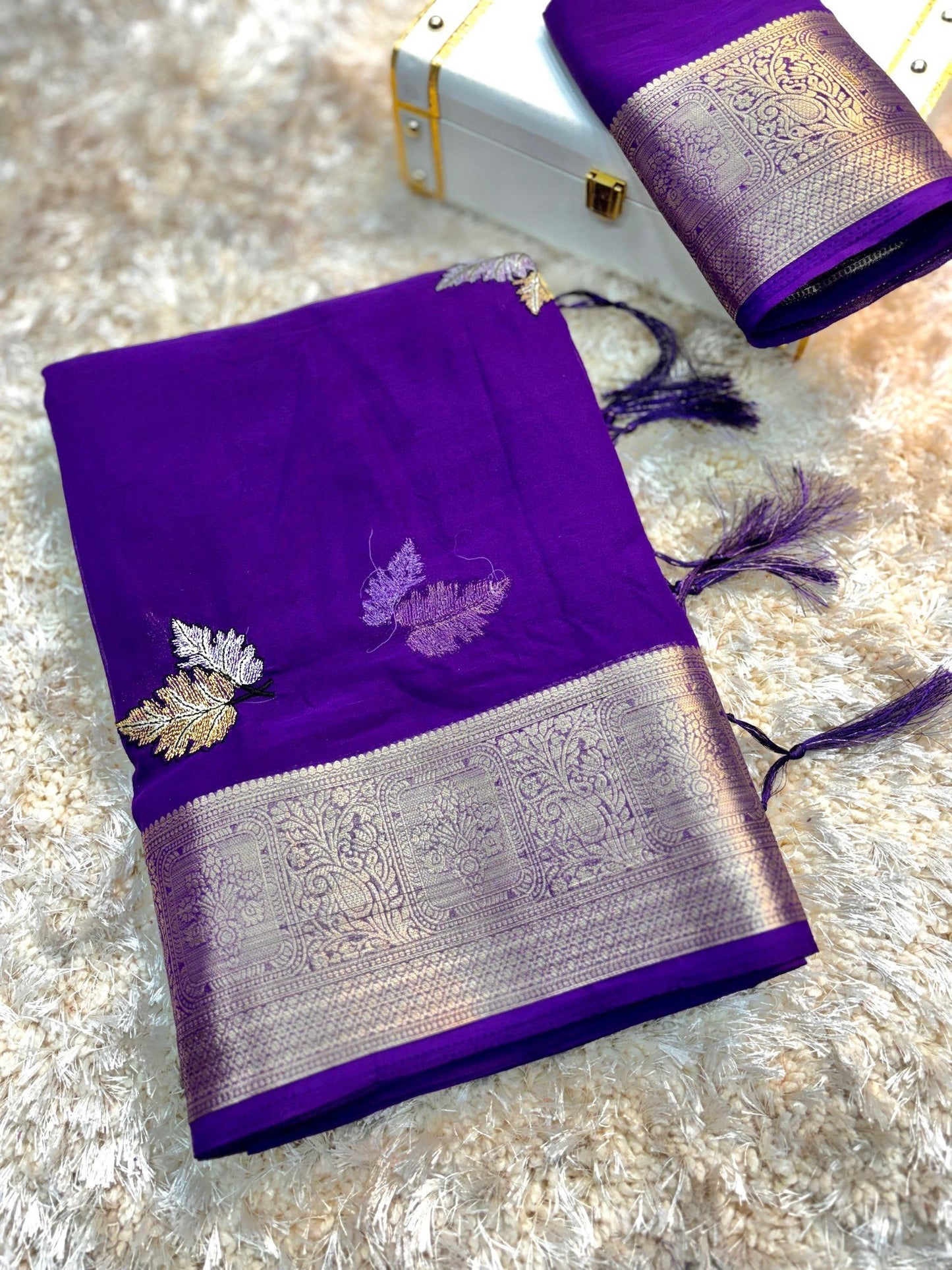 Pure Chiffon Embroidery Work Saree With Zari Weaving Border