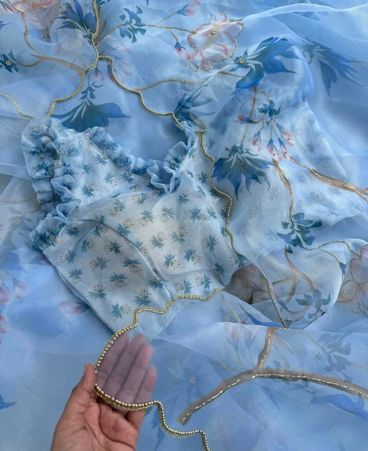 Organza Saree with Pearl and Khatli Work Powder Blue Color