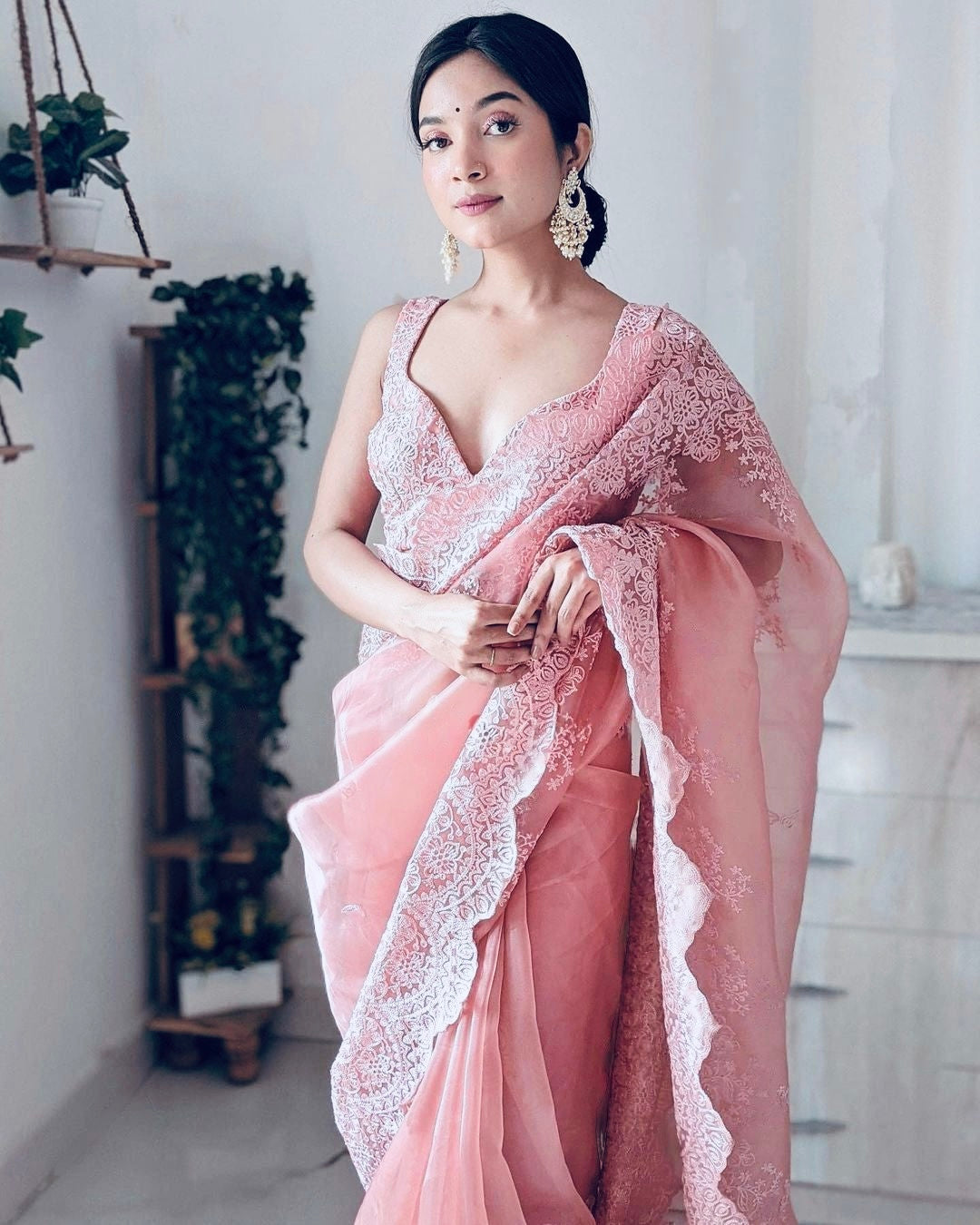 PASTEL PINK Color Organza Saree