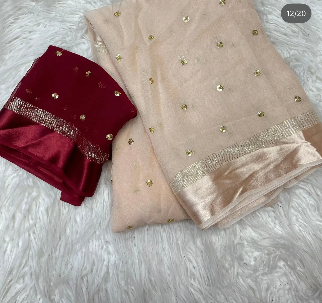 Viscose Georgette Saree BEIGE COLOR with Jari Weaving Satin Border and Sequins Work allover the body