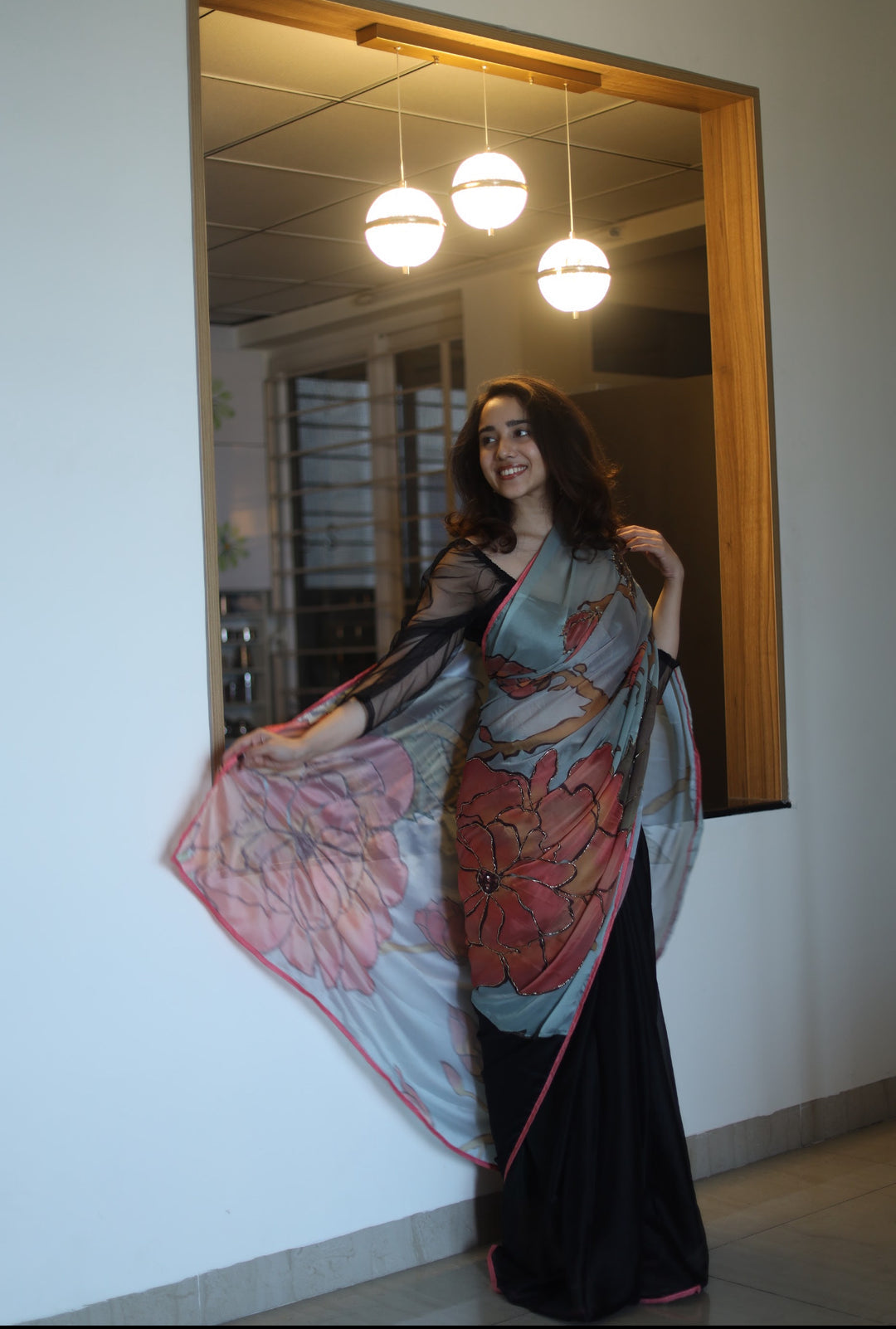 Buttery soft silky satin georgette in the dreamiest mix of grey, green, peach, and deep dark green, with handcrafted khatli work
