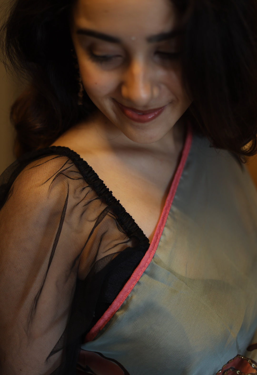 Buttery soft silky satin georgette in the dreamiest mix of grey, green, peach, and deep dark green, with handcrafted khatli work