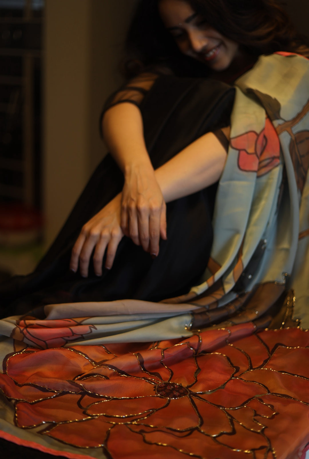 Buttery soft silky satin georgette in the dreamiest mix of grey, green, peach, and deep dark green, with handcrafted khatli work