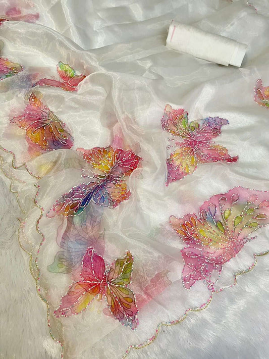 Organza Saree with MultiColor Pearl Work Digital Printed Multicolour Butterfly π¦ Work and Aacro Border Pearl Work