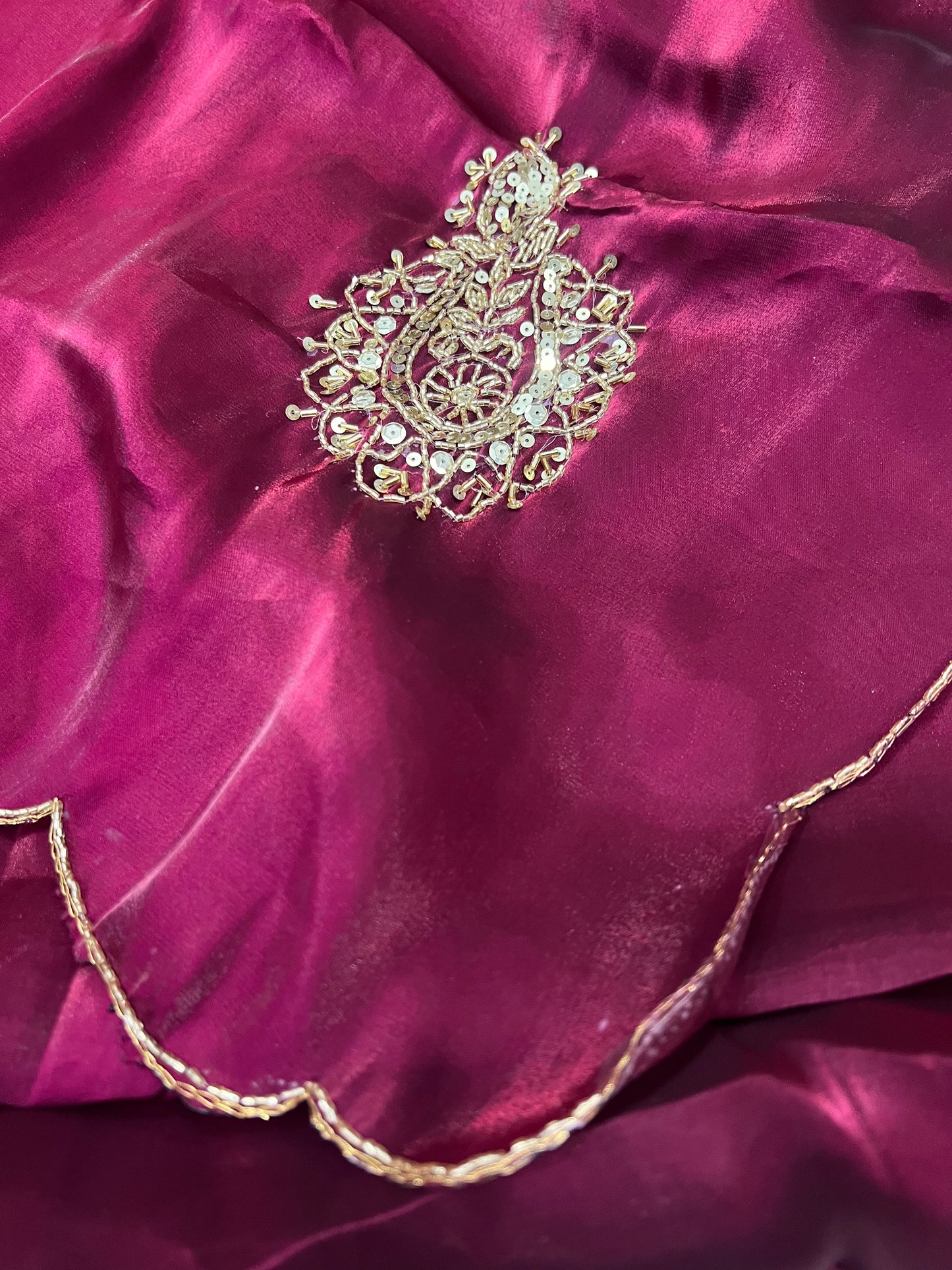 BURGUNDY Color Satin Organza Saree with FADED GOLD COLOR Lucrative handwork