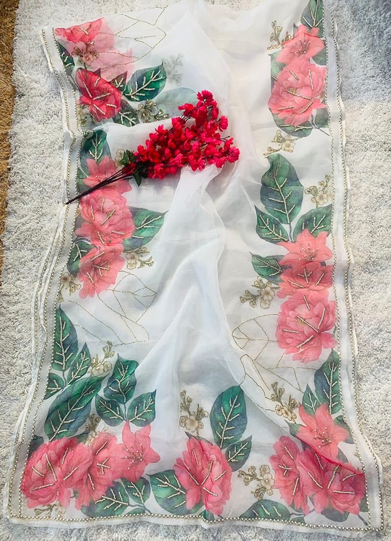 Pearls and Petals Elegant Organza Saree Beautiful print with Heavy Handcrafted Khatli and Pearl work all over saree paired with Plain Cherry Red Color Blouse Piece