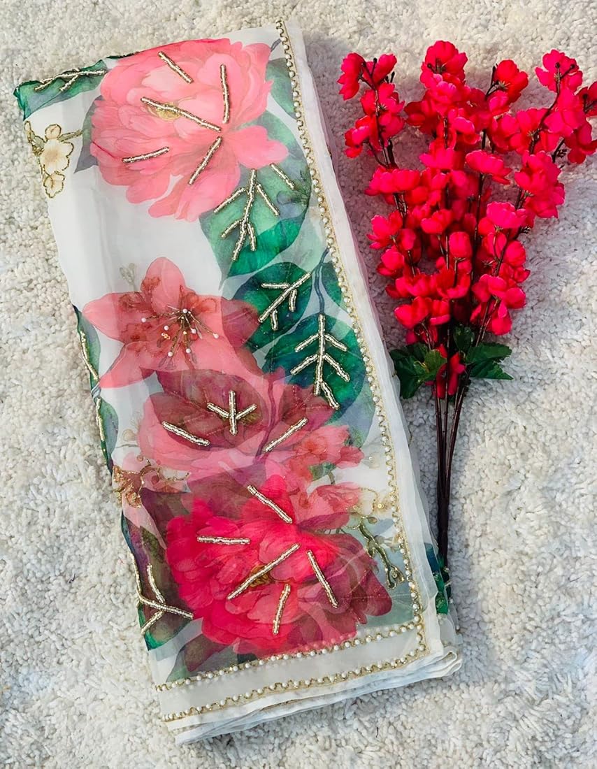 Pearls and Petals Elegant Organza Saree Beautiful print with Heavy Handcrafted Khatli and Pearl work all over saree paired with Plain Cherry Red Color Blouse Piece